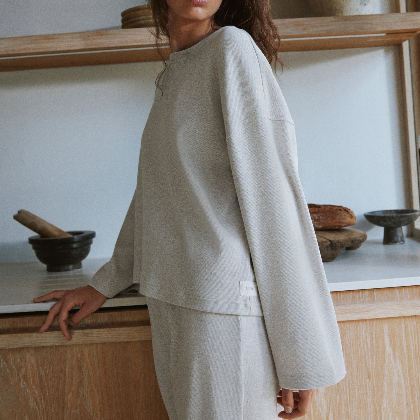Plain Beige Ladies Loungewear - Relaxed Ribbed Cotton Rich Top Oatmeal Yard