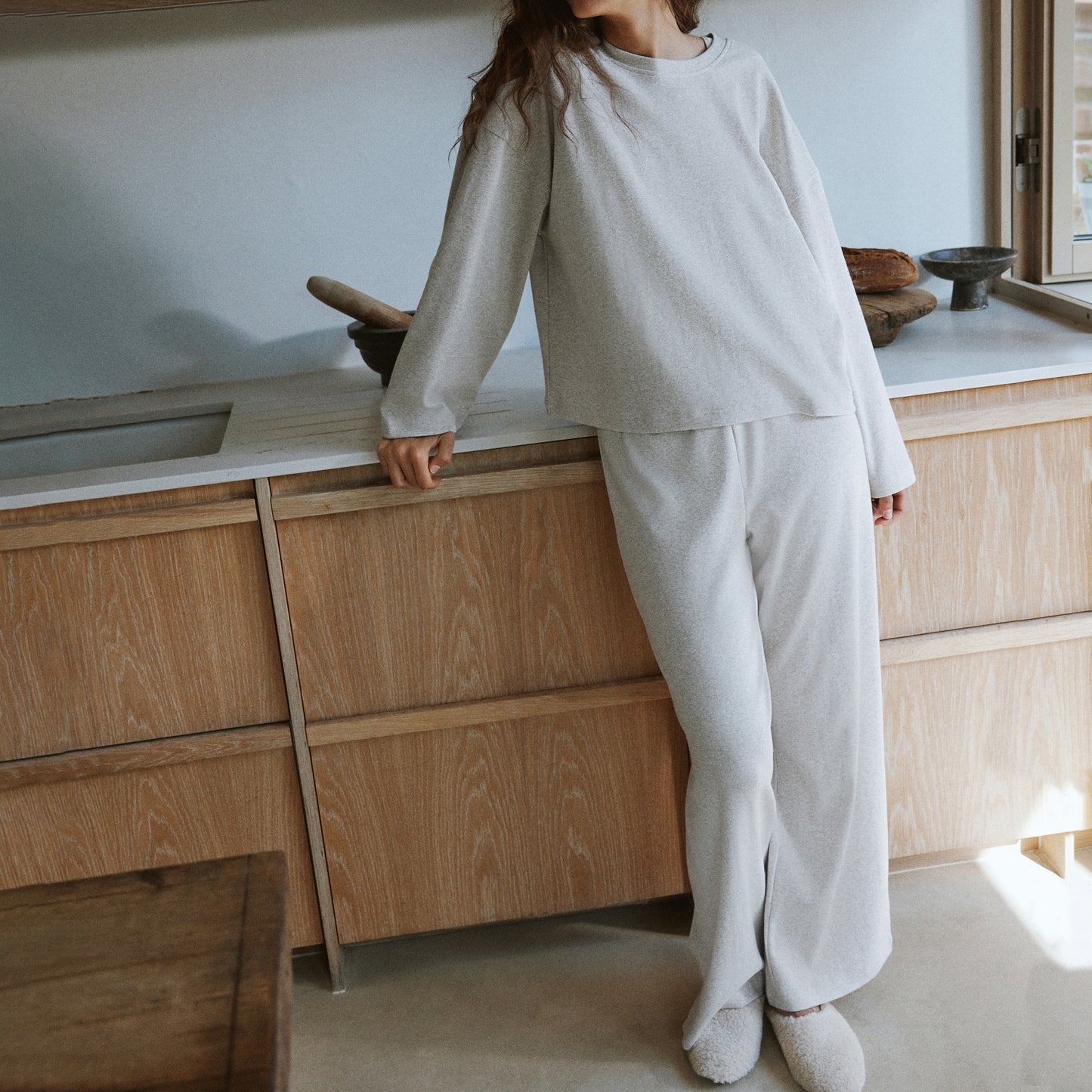 Plain Beige Ladies Loungewear - Relaxed Ribbed Cotton Rich Top Oatmeal Yard
