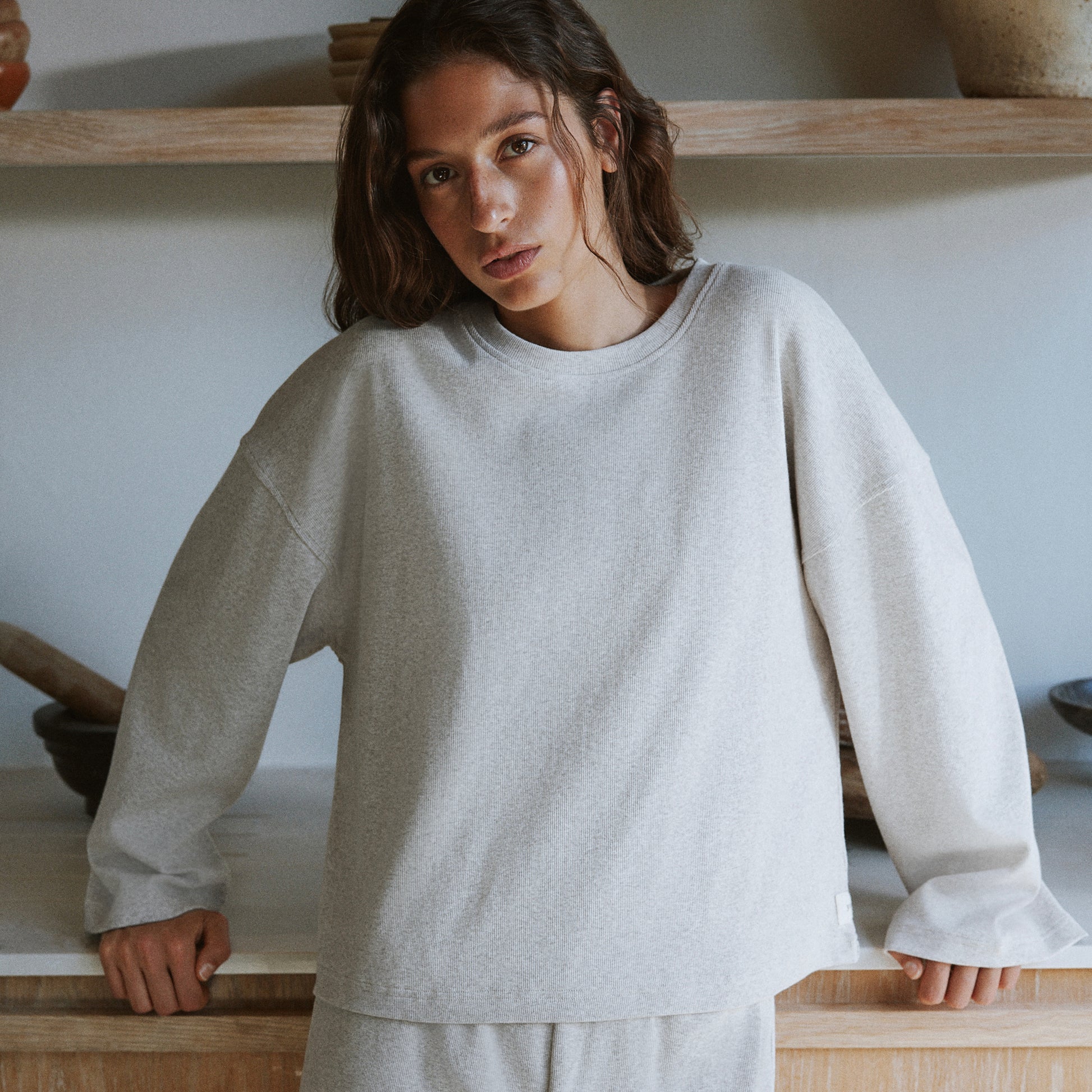Plain Beige Ladies Loungewear - Relaxed Ribbed Cotton Rich Top Oatmeal Yard