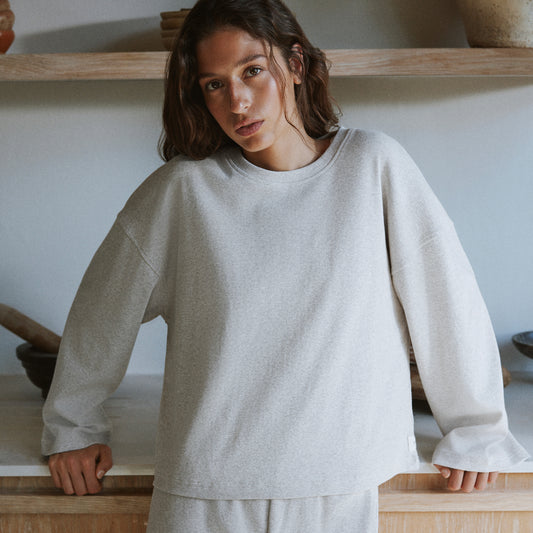 Plain Beige Ladies Loungewear - Relaxed Ribbed Cotton Rich Top Oatmeal Yard