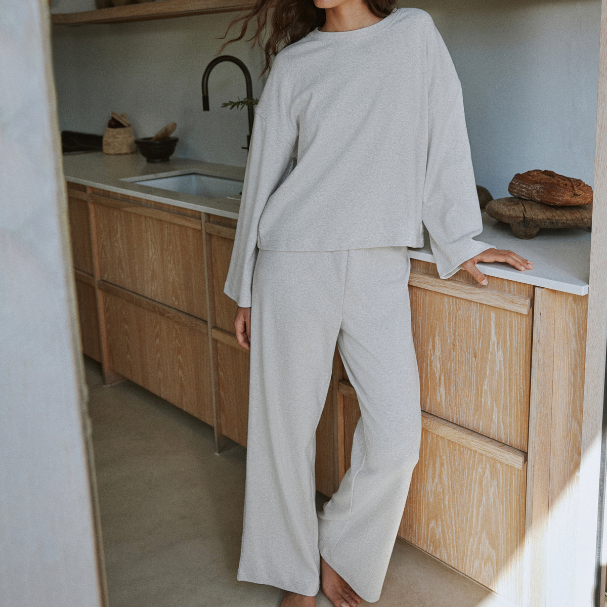 Plain Beige Ladies Loungewear - Relaxed Ribbed Cotton Rich Trousers Oatmeal Yard