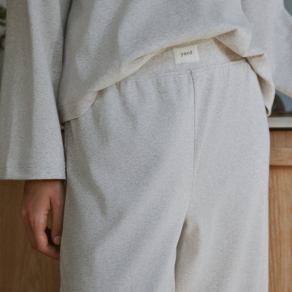 Plain Beige Ladies Loungewear - Relaxed Ribbed Cotton Rich Trousers Oatmeal Yard