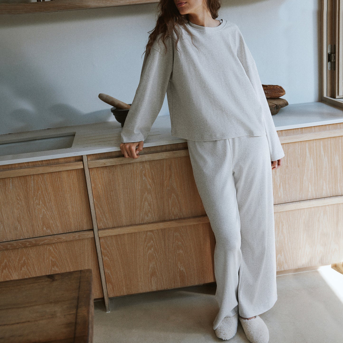 Plain Beige Ladies Loungewear - Relaxed Ribbed Cotton Rich Trousers Oatmeal Yard