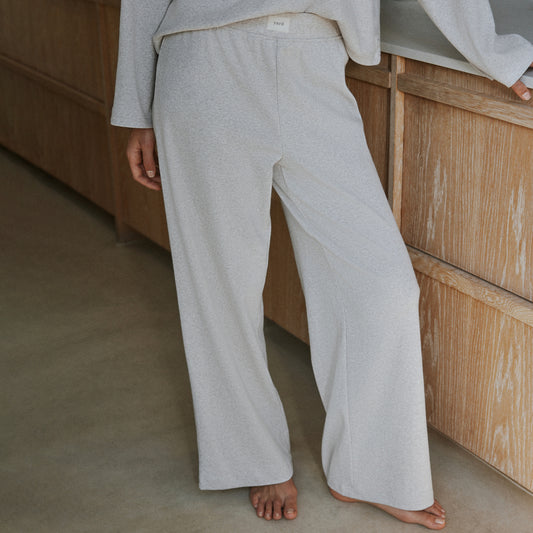 Plain Beige Ladies Loungewear - Relaxed Ribbed Cotton Rich Trousers Oatmeal Yard