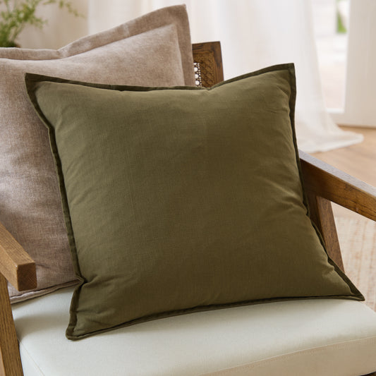 Plain Green Cushions - Slub Cotton  Polyester Filled Cushion Lichen Yard