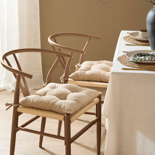 Plain Beige Cushions - Slub Cotton 2 Pack Seat Pads Linen Yard