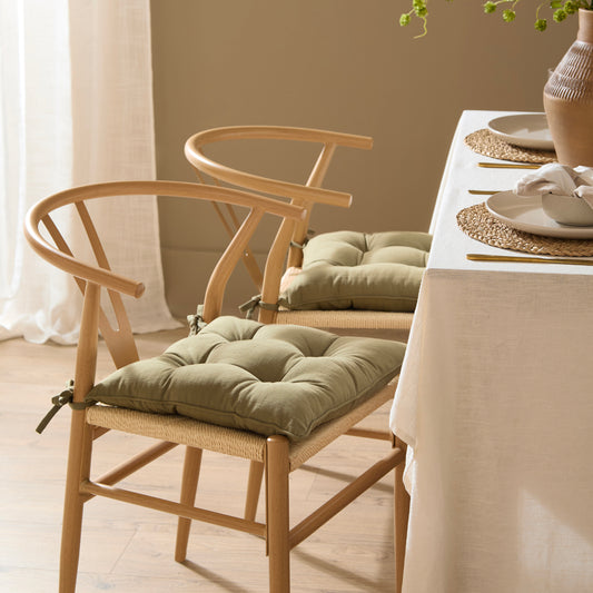 Plain Green Cushions - Slub Cotton 2 Pack Seat Pads Moss Yard