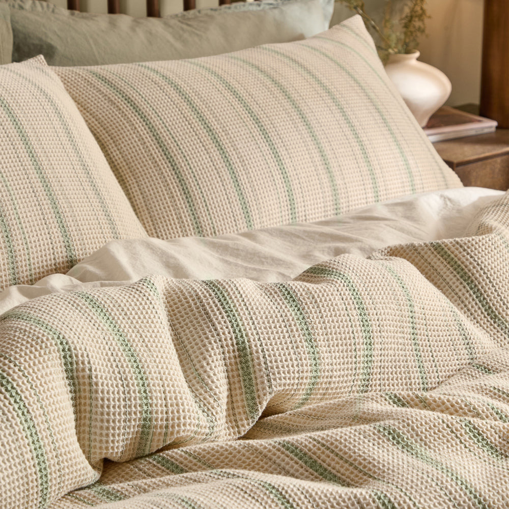 Striped Green Bedding - Selby Waffle 100% Cotton Duvet Cover Set Bay Green/Natural Yard