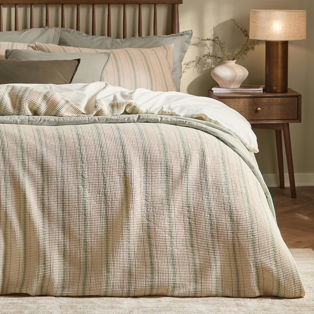 Striped Green Bedding - Selby Waffle 100% Cotton Duvet Cover Set Bay Green/Natural Yard