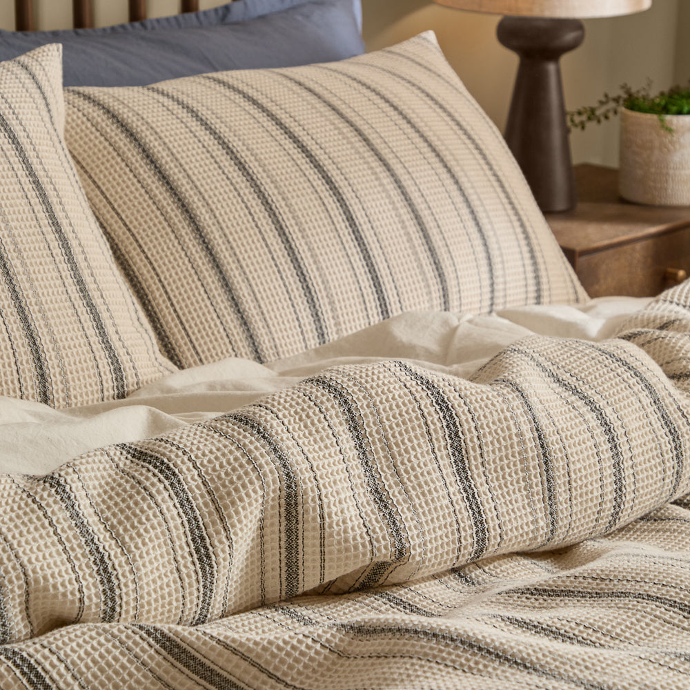 Striped Black Bedding - Selby Waffle 100% Cotton Duvet Cover Set Coal/Natural Yard