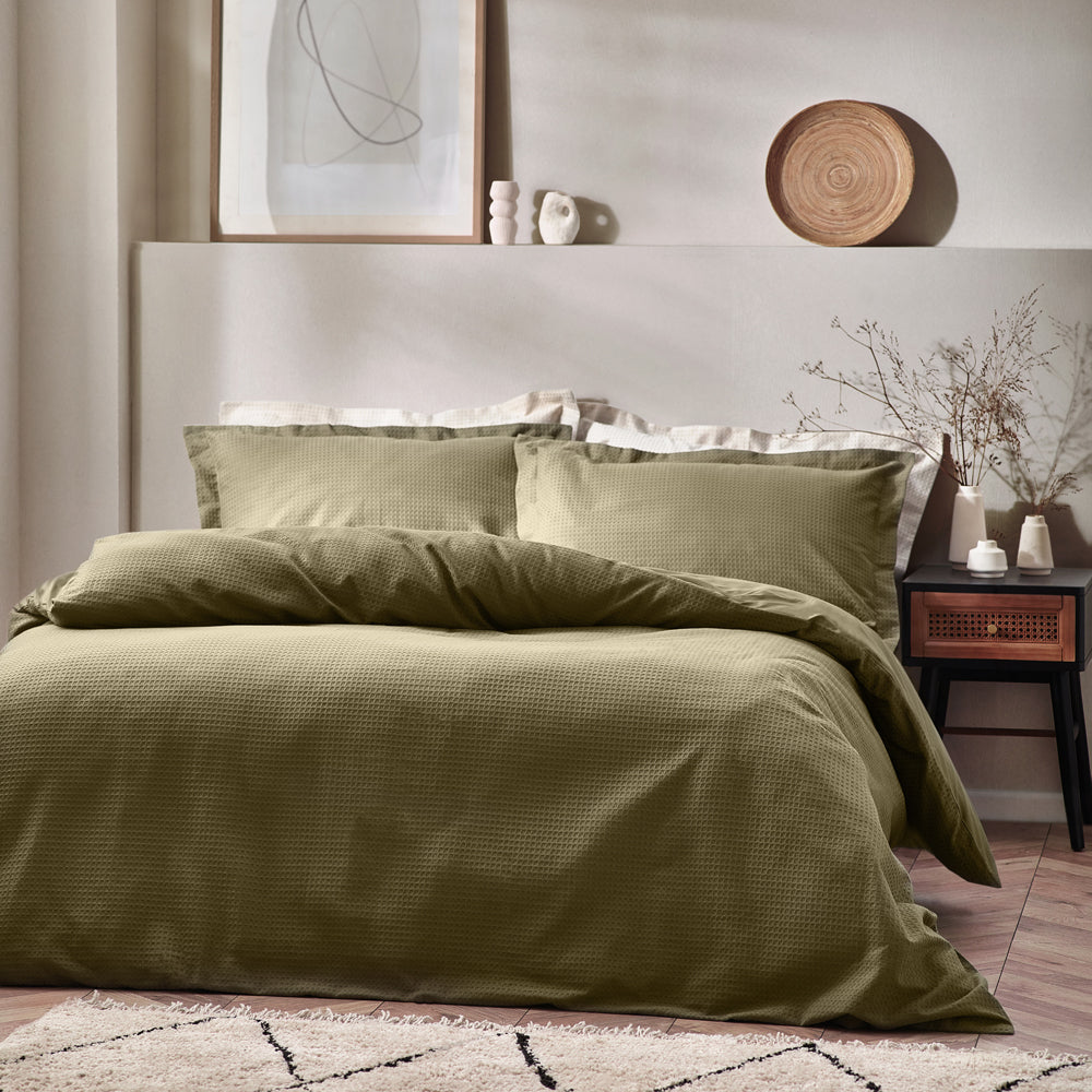 Plain Green Bedding - Waffle Textured 100% Cotton Duvet Cover Set Olive Yard